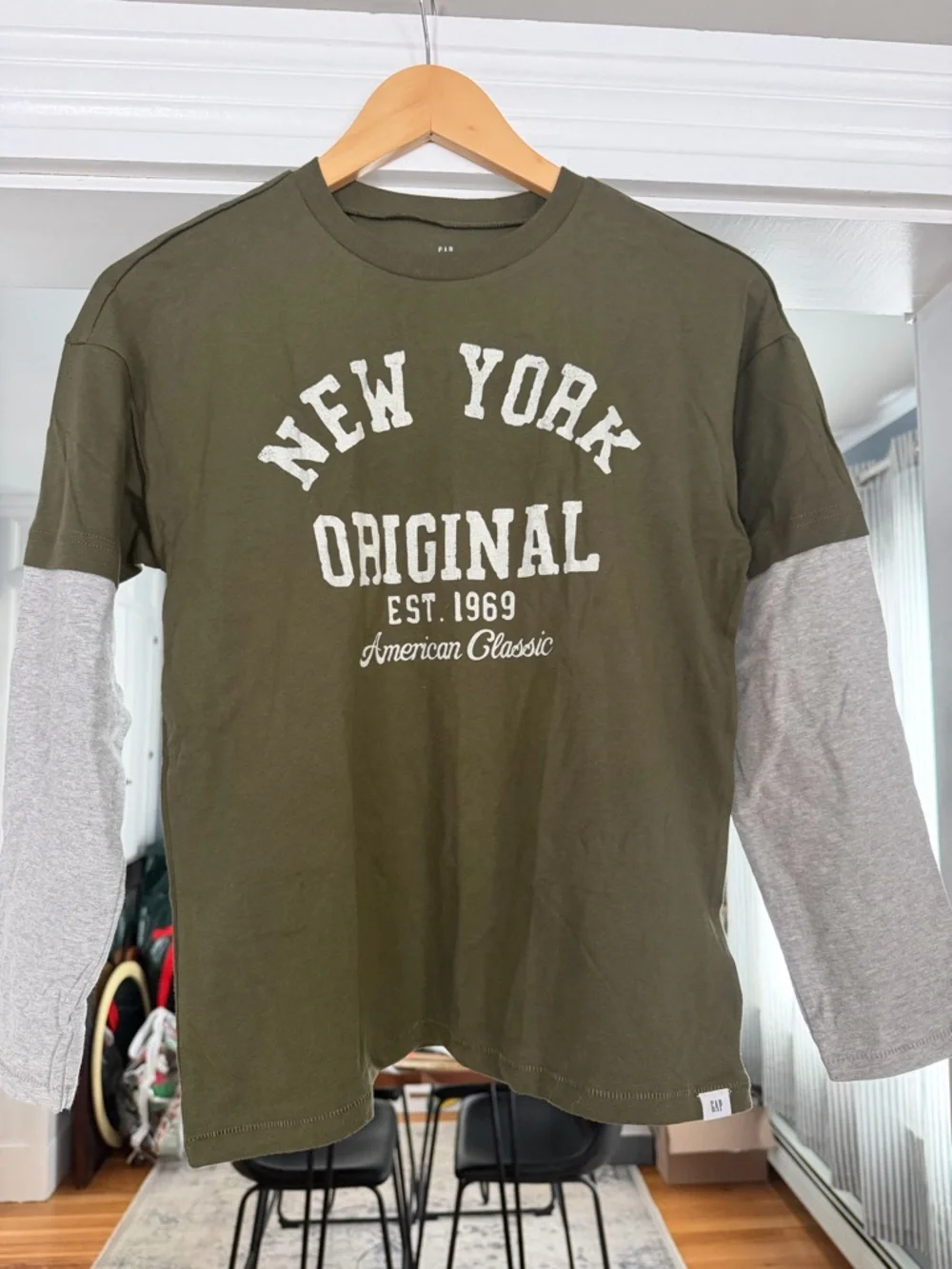 GAP Olive Green Long Sleeve Tee with Gray Layered Sleeves 100% cotton